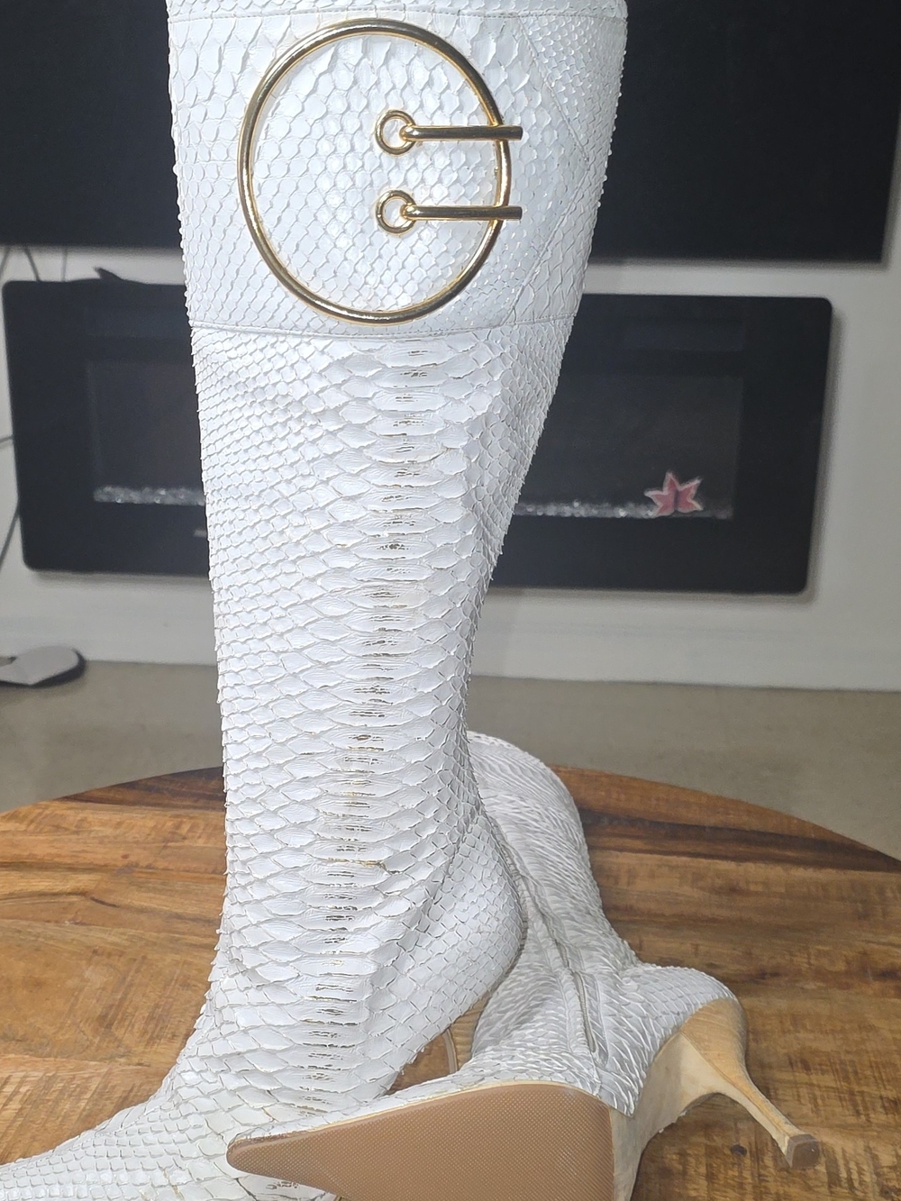 Snake-Skin White Knee Boot with Gold Ring Accent